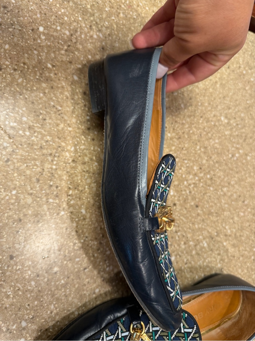 Tory Burch Navy Patterned Leather Slip-On Loafers with Gold Horsebit - Picture 5 of 10